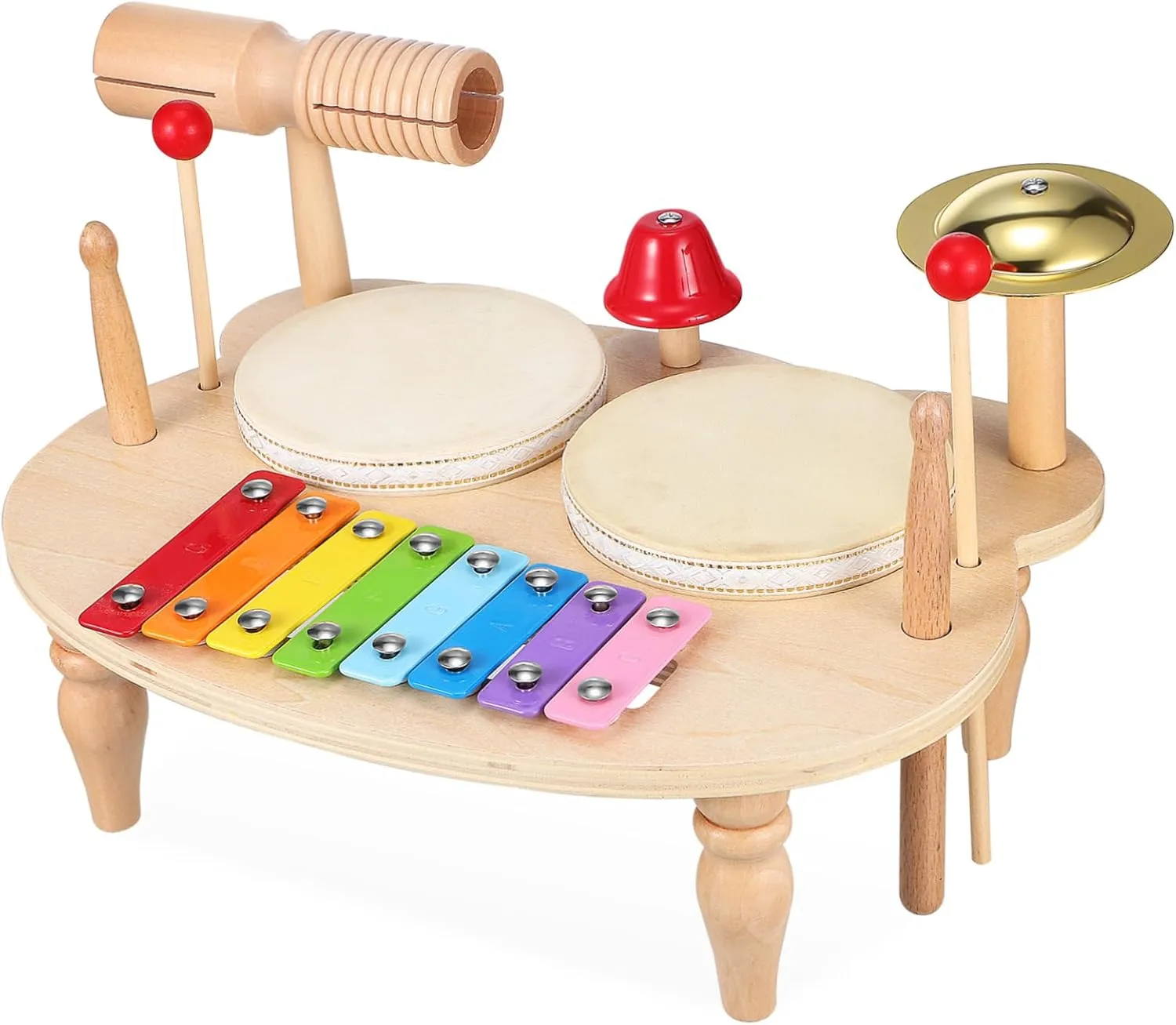 Wooden Mini Drum Kit Percussion Xylophone Tambourine Musical Instrument for Fun Educational for Music Enlightenment and Creative Play