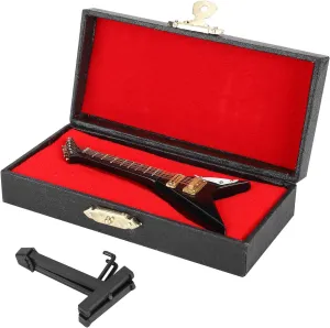Wooden Miniature Electric Guitar Mini Black Musical Instrument Miniature Dollhouse Guitar Model with Stand and Case for Dollhouse Decoration Accessories