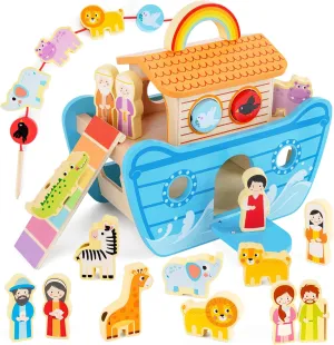 Wooden Noahs Ark Toy Animal Playset, Baptism Gifts for 2 3 4 Years Old Boys Girl, Lacing Beads, Shape Sorter, Montessori Noah's Ark Toys with Bible Story Book for 24 Months Kids