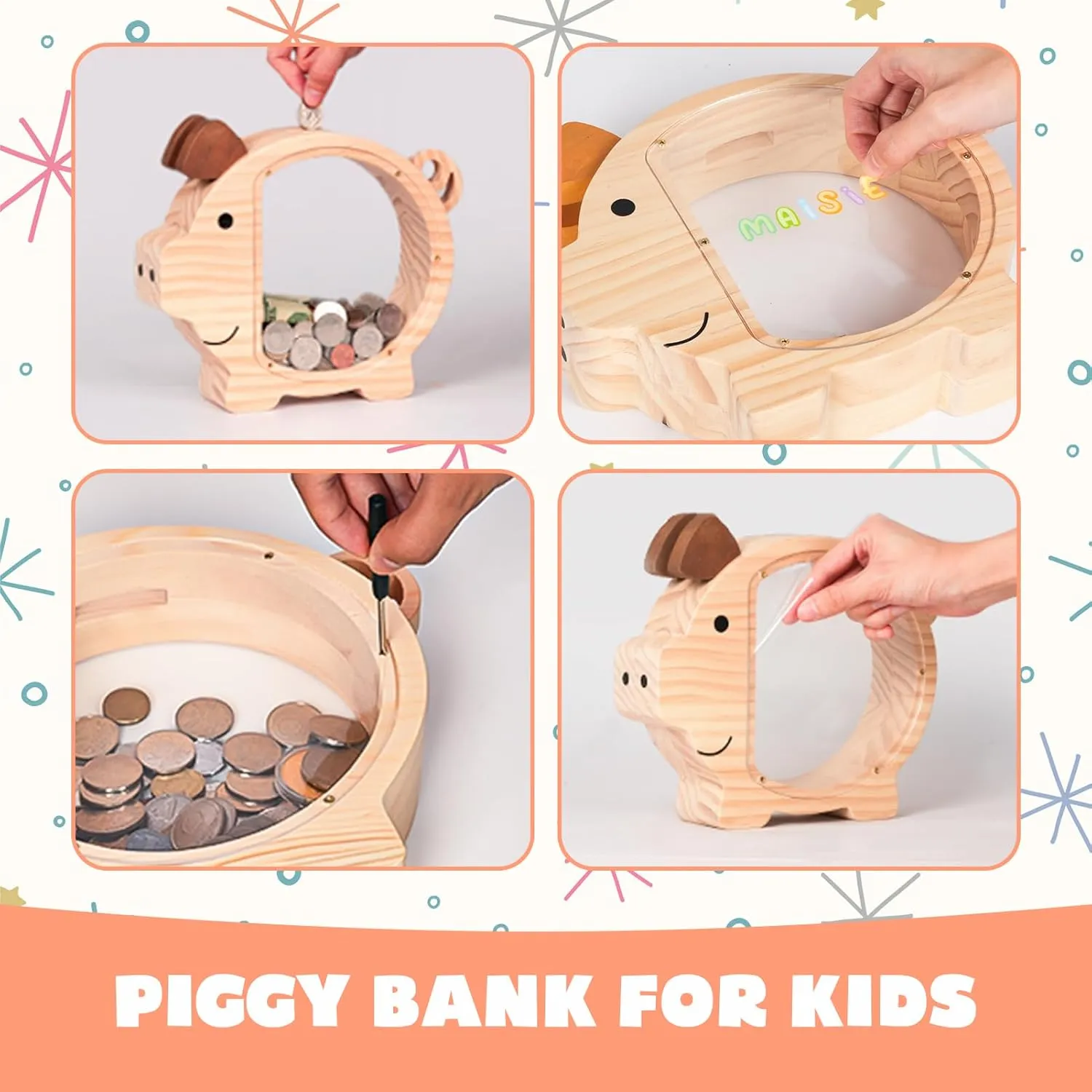 Wooden Piggy Bank for Boys Kids Girls, Clear Large Animal Coin Bank, Unbreakable Wood Money Bank for Toddler Real Money Toy Personalized Present for Child Birthday & Decor