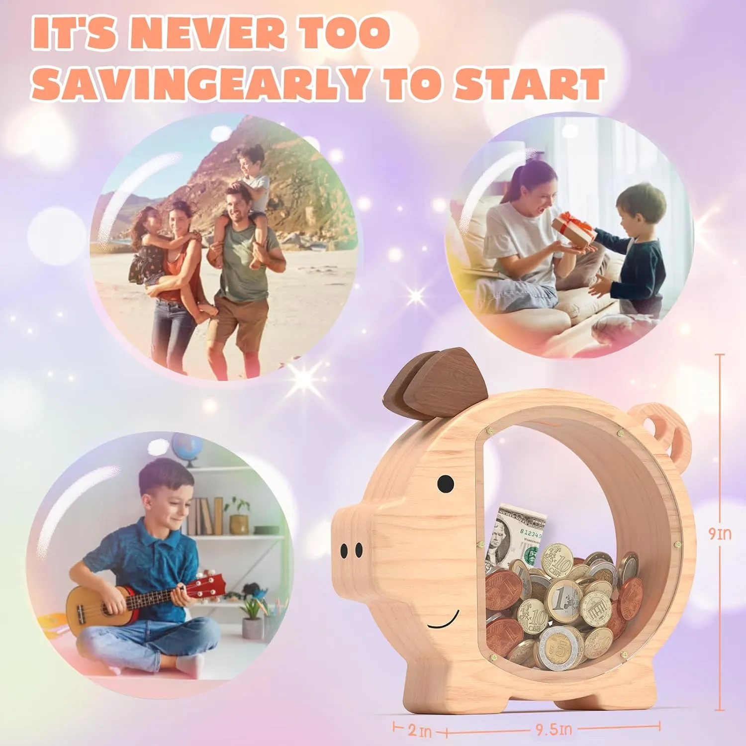 Wooden Piggy Bank for Boys Kids Girls, Clear Large Animal Coin Bank, Unbreakable Wood Money Bank for Toddler Real Money Toy Personalized Present for Child Birthday & Decor