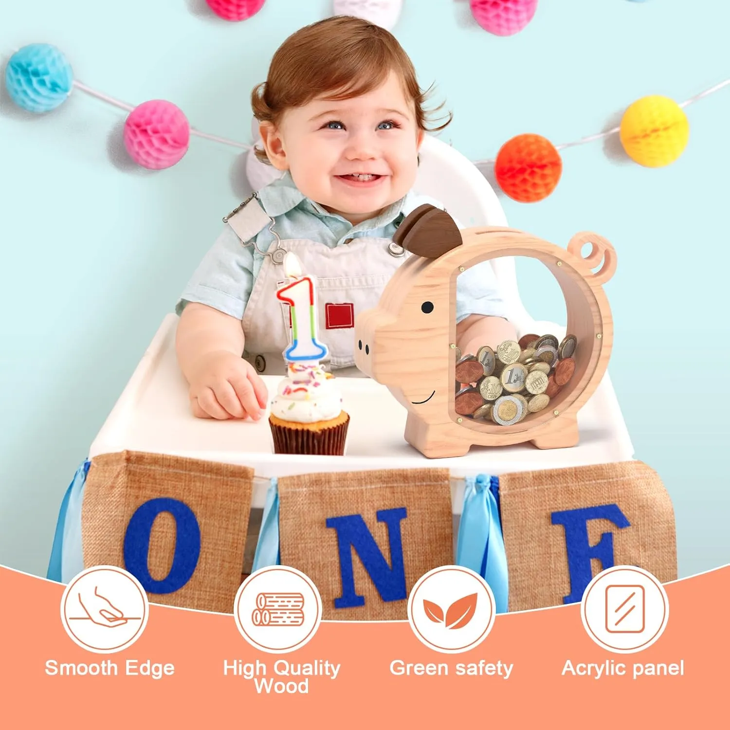 Wooden Piggy Bank for Boys Kids Girls, Clear Large Animal Coin Bank, Unbreakable Wood Money Bank for Toddler Real Money Toy Personalized Present for Child Birthday & Decor