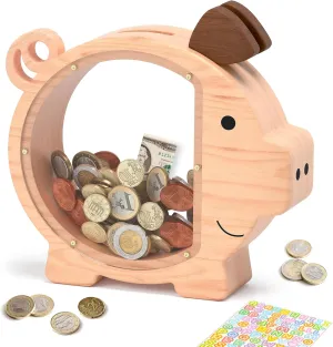Wooden Piggy Bank for Boys Kids Girls, Clear Large Animal Coin Bank, Unbreakable Wood Money Bank for Toddler Real Money Toy Personalized Present for Child Birthday & Decor