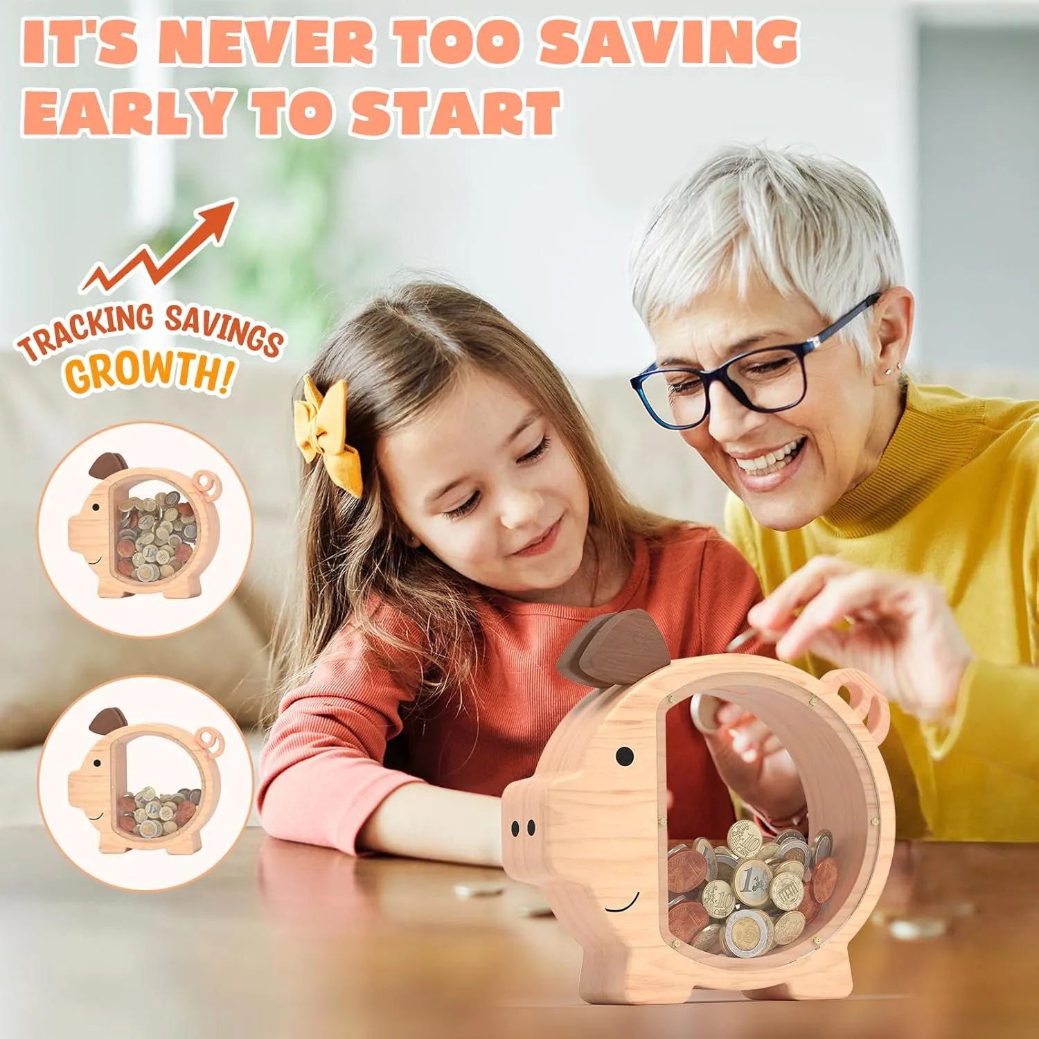Wooden Piggy Bank for Boys Kids Girls, Clear Large Animal Coin Bank, Unbreakable Wood Money Bank for Toddler Real Money Toy Personalized Present for Child Birthday & Decor