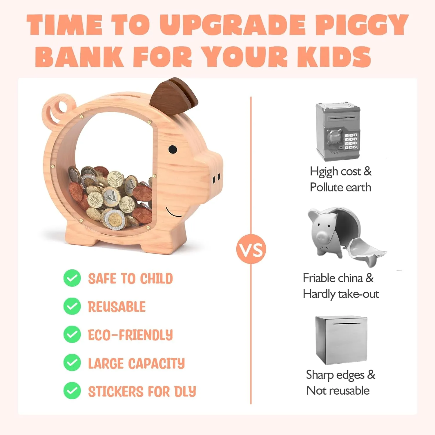 Wooden Piggy Bank for Boys Kids Girls, Clear Large Animal Coin Bank, Unbreakable Wood Money Bank for Toddler Real Money Toy Personalized Present for Child Birthday & Decor