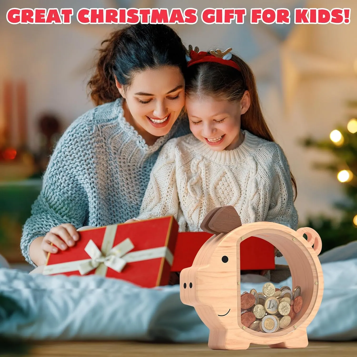 Wooden Piggy Bank for Boys Kids Girls, Clear Large Animal Coin Bank, Unbreakable Wood Money Bank for Toddler Real Money Toy Personalized Present for Child Birthday & Decor