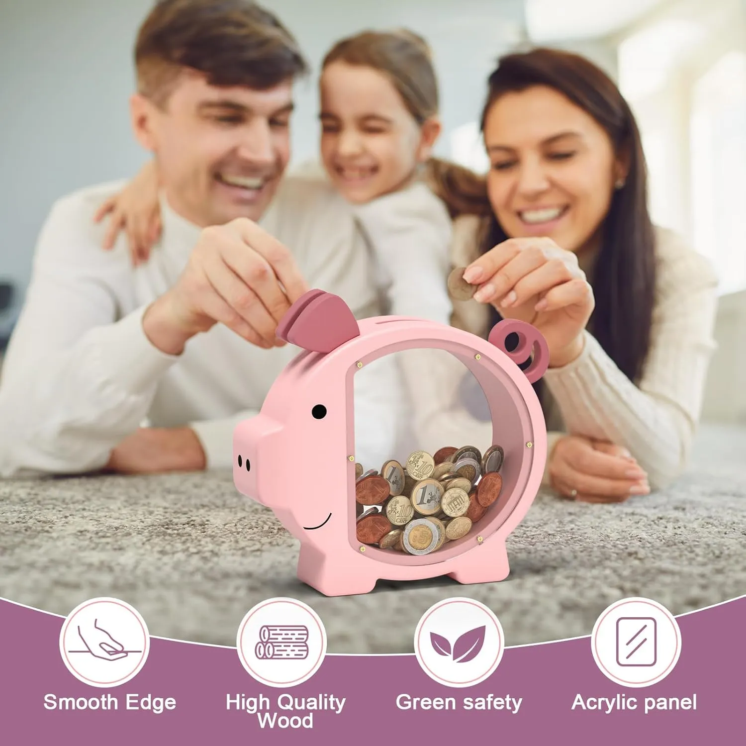 Wooden Piggy Bank for Kids Cute Money Bank for Boys and Girls Clear Wood Money Box Personalized Saving Money Jar, Creative Present for Children Birthday Chrismas & Decor (Pink, Standard)