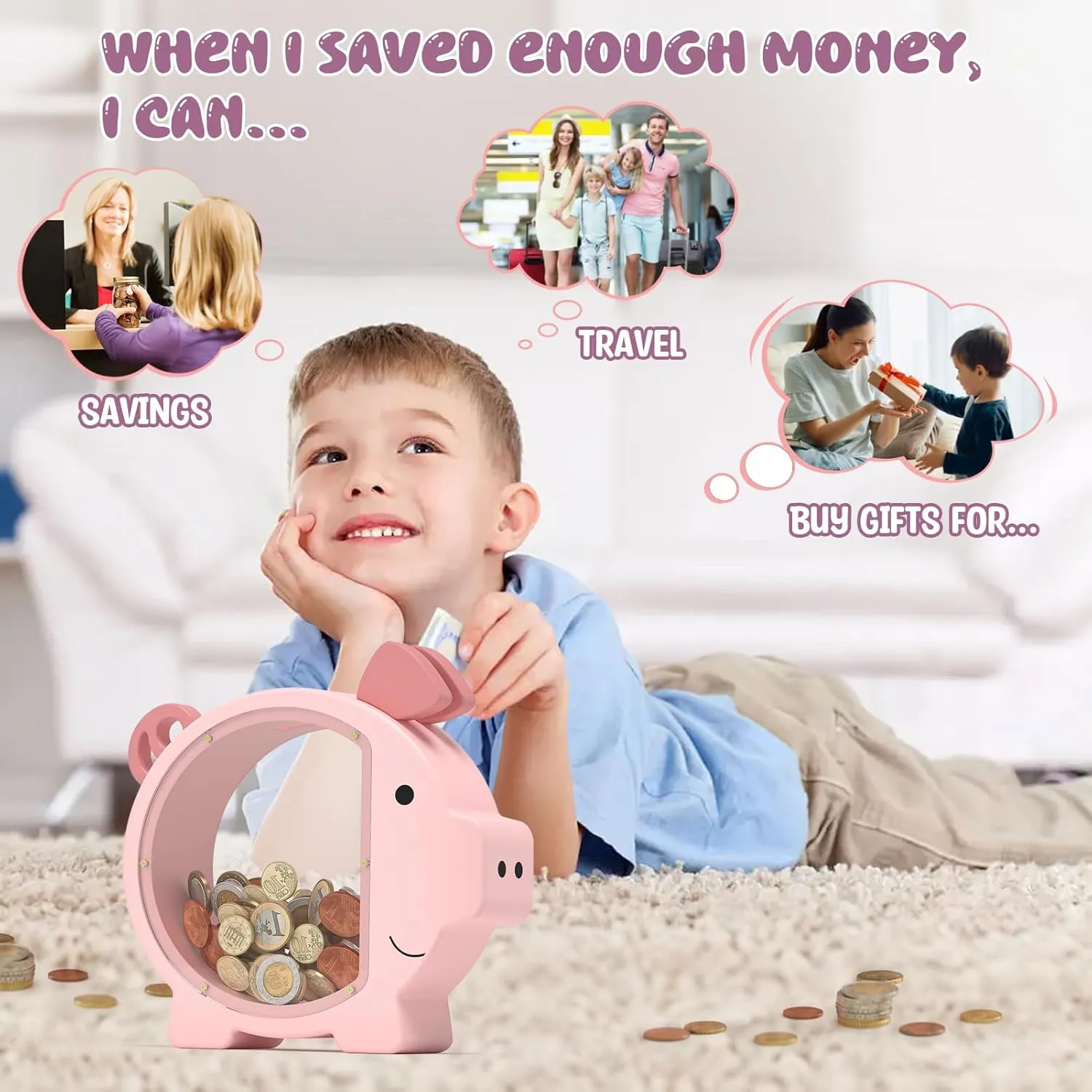 Wooden Piggy Bank for Kids Cute Money Bank for Boys and Girls Clear Wood Money Box Personalized Saving Money Jar, Creative Present for Children Birthday Chrismas & Decor (Pink, Standard)