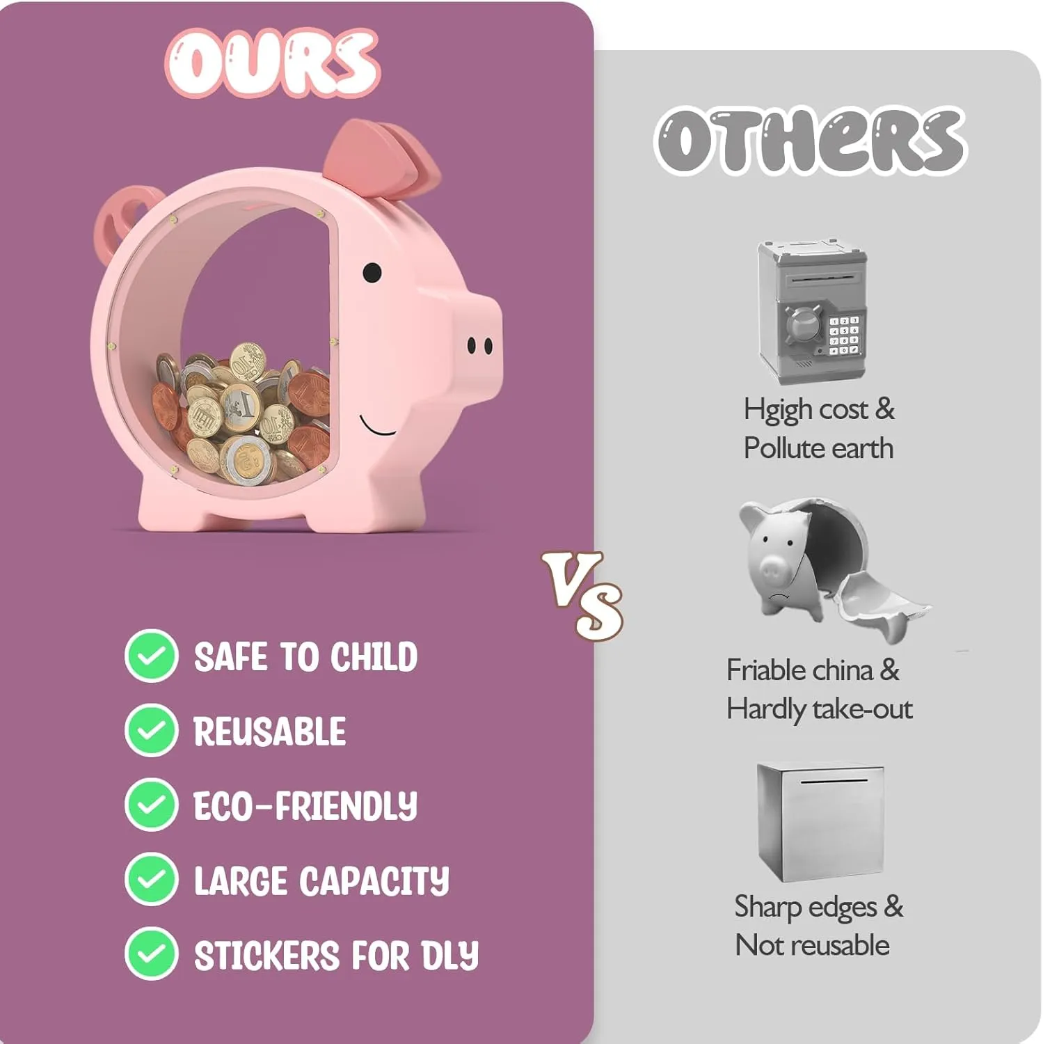 Wooden Piggy Bank for Kids Cute Money Bank for Boys and Girls Clear Wood Money Box Personalized Saving Money Jar, Creative Present for Children Birthday Chrismas & Decor (Pink, Standard)