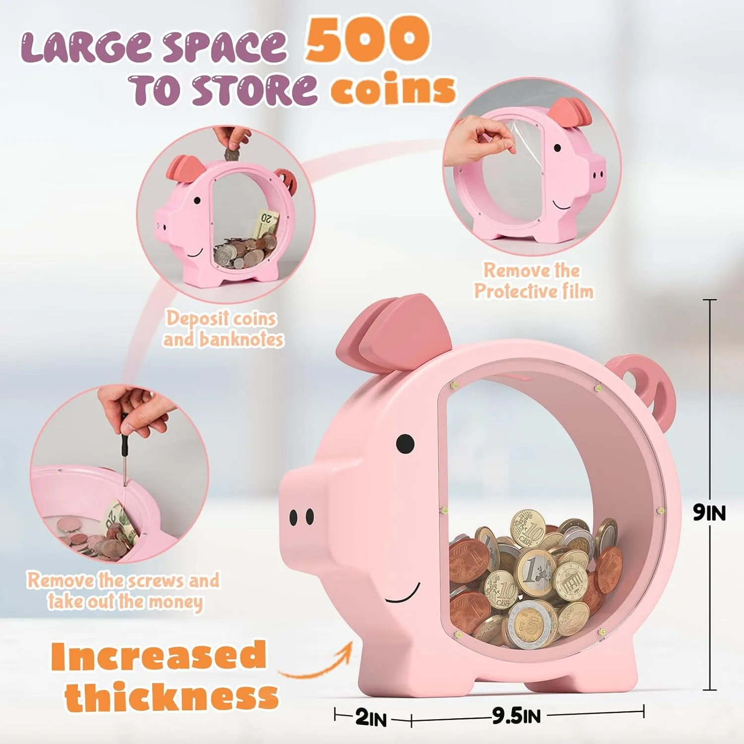 Wooden Piggy Bank for Kids Cute Money Bank for Boys and Girls Clear Wood Money Box Personalized Saving Money Jar, Creative Present for Children Birthday Chrismas & Decor (Pink, Standard)