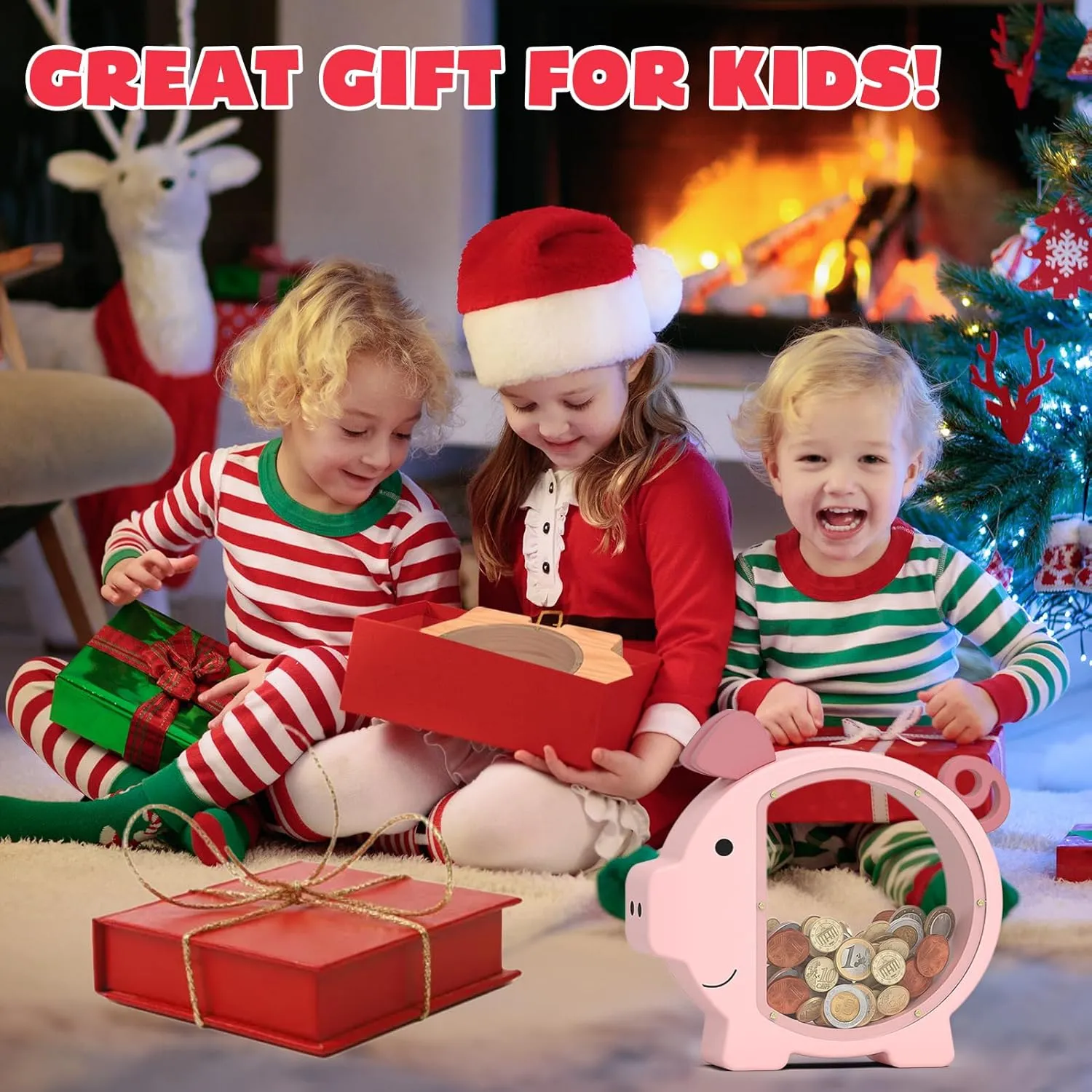 Wooden Piggy Bank for Kids Cute Money Bank for Boys and Girls Clear Wood Money Box Personalized Saving Money Jar, Creative Present for Children Birthday Chrismas & Decor (Pink, Standard)