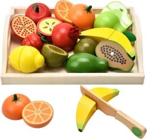 Wooden Toys for 2 Year Old - Pretend Play Food Set for Kids Play Kitchen,9 Cuttable Toy Fruit and Veg with Wooden Knif and Tray,Gift Idea for Boys Girls Birthday