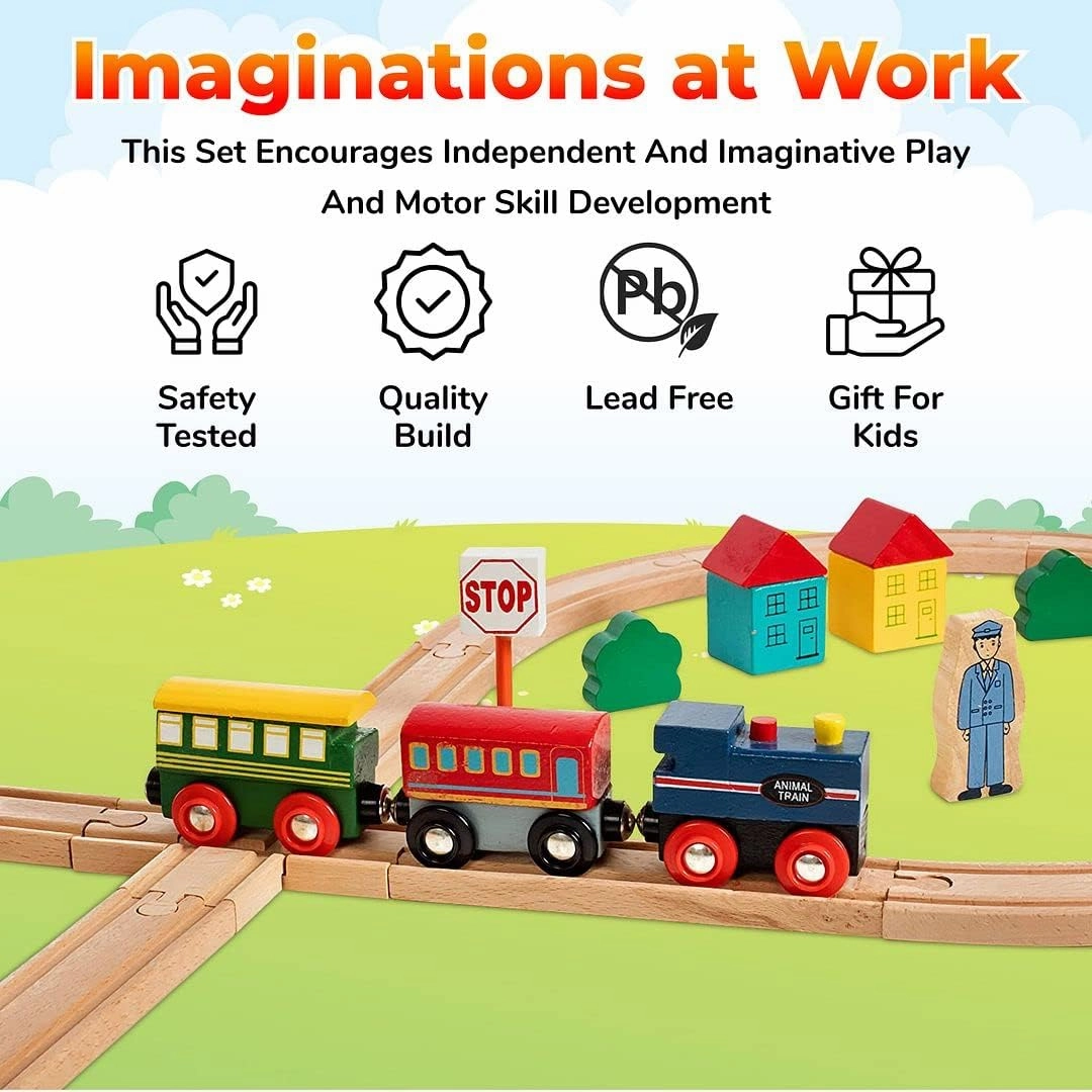 Wooden Train Set 100 Piece All in One Wooden Toy Train Tracks Set with Magnetic Trains and Railway Accessories, Comes in A Clear Container, Compatible with All Major Brands