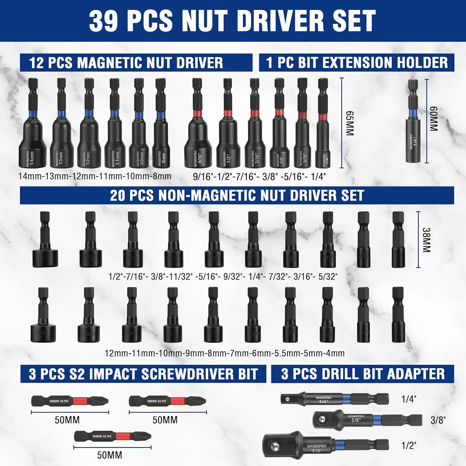 WORKPRO 39-Piece Magnetic Nut Driver Set, Impact Drill Driver Bit 1/4" Hex Shank, SAE & Metric Cr-V Steel Power Nut Drivers with Impact Socket Adapters, Screwdriver Bits, Bit Holder, Sturdy Tool Box