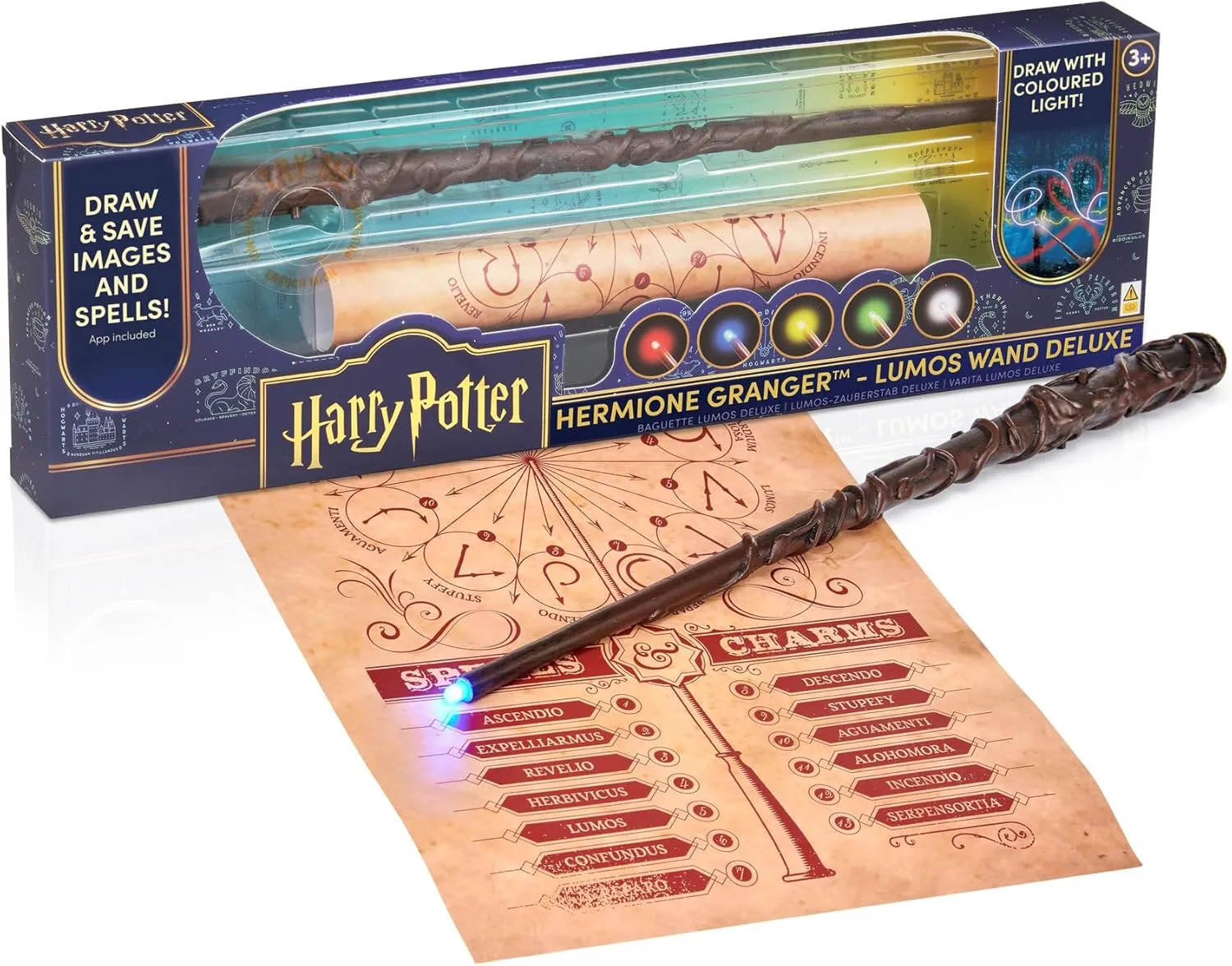 WOW! PODS Wizarding World: Deluxe Lumos Wand - Hermoine Granger - 14" Hand-Painted Replica, LED Tip, Spell Poster, Collectible Harry Potter Toy, App Photo Play