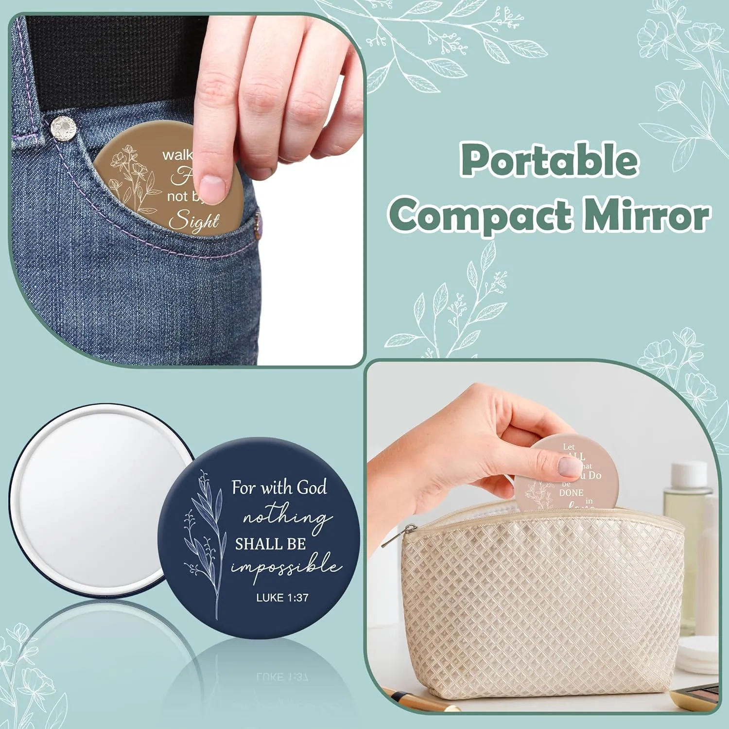 Y1tvei Mini Christian Compact Mirrors - 36Pcs Flower Sketch Art Bible Verse Compact Mirrors Bulk Small Portable Round Pocket Makeup Mirror Christian Inspirational Church Party Favors Gifts for Women