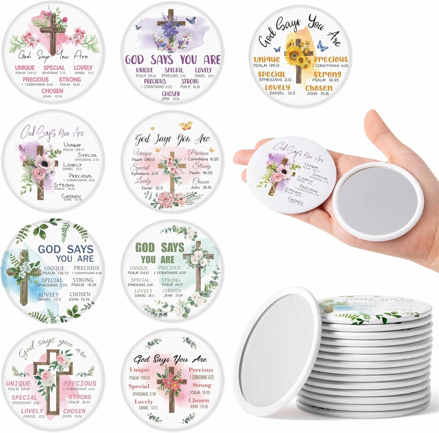 Y1tvei Christian Gifts Compact Mirror - 36Pcs Flower Cross God Say You are Bible Verse Mini Compact Mirrors Inspirational Small Portable Pocket Makeup Mirror for Purse Church Party Favors for Women