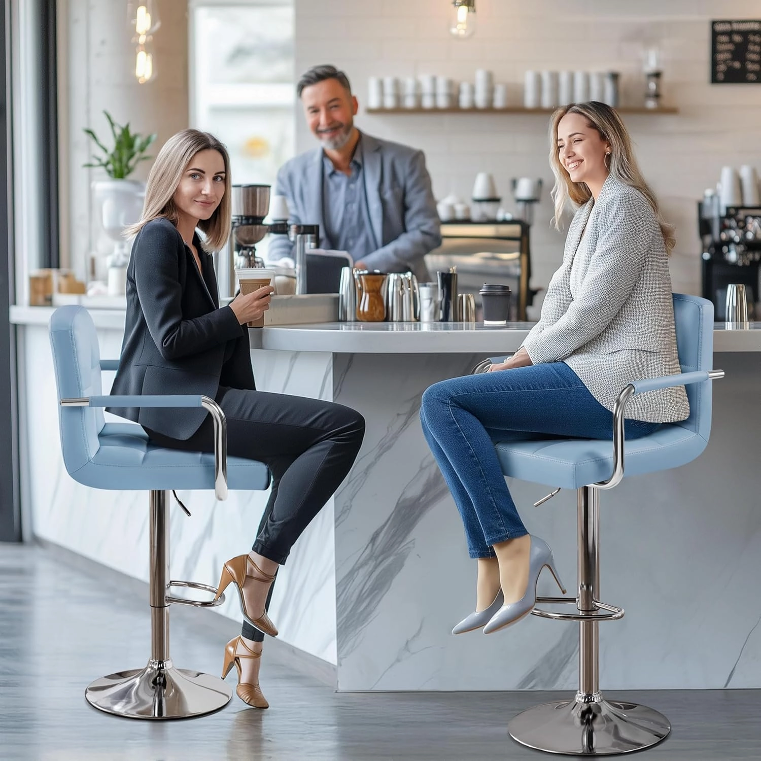Yaheetech Bar Stools Set of 2, PU Leather Adjustable Swivel Barstools, Hydraulic Kitchen Counter Height Chairs with Armrest and Back for Kitchen, Dining Room, Blue