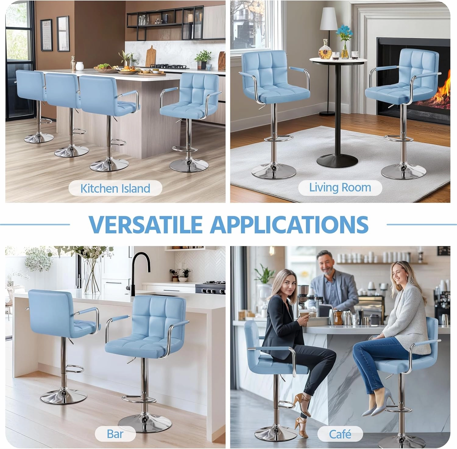 Yaheetech Bar Stools Set of 2, PU Leather Adjustable Swivel Barstools, Hydraulic Kitchen Counter Height Chairs with Armrest and Back for Kitchen, Dining Room, Blue
