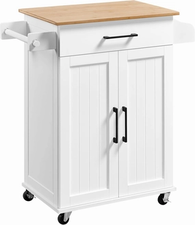 Yaheetech Kitchen Cart with Bamboo Tabletop, 32" Width Rolling Kitchen Island with Drawer and Adjustable Shelf, Storage Cabinet with Spice Rack Towel Bar for Dining Room Kitchen Living Room, White