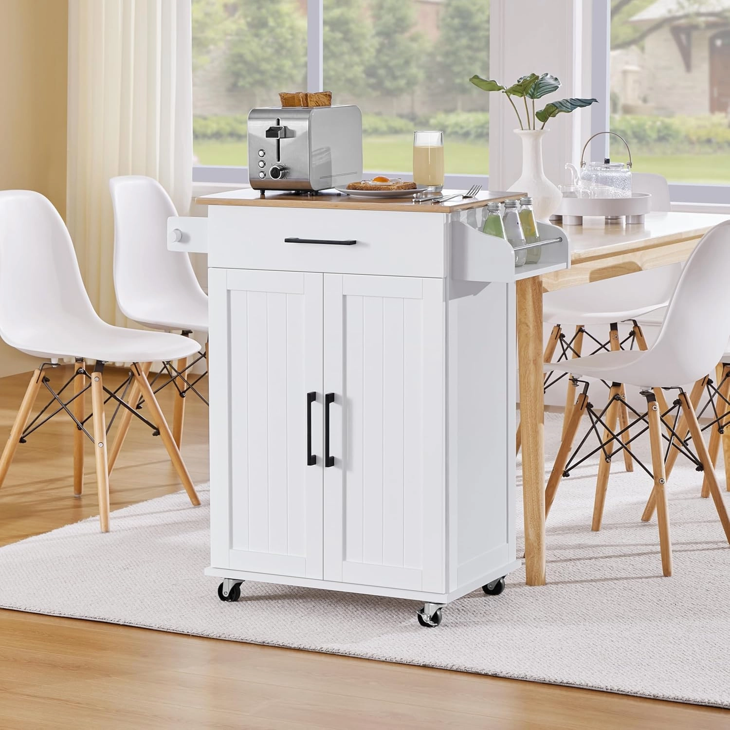 Yaheetech Kitchen Cart with Bamboo Tabletop, 32" Width Rolling Kitchen Island with Drawer and Adjustable Shelf, Storage Cabinet with Spice Rack Towel Bar for Dining Room Kitchen Living Room, White