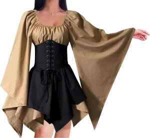 YEAXLUD Medieval Elven Traditional Irish Dress for Women Victorian Gothic Renaissance Corset Skirt