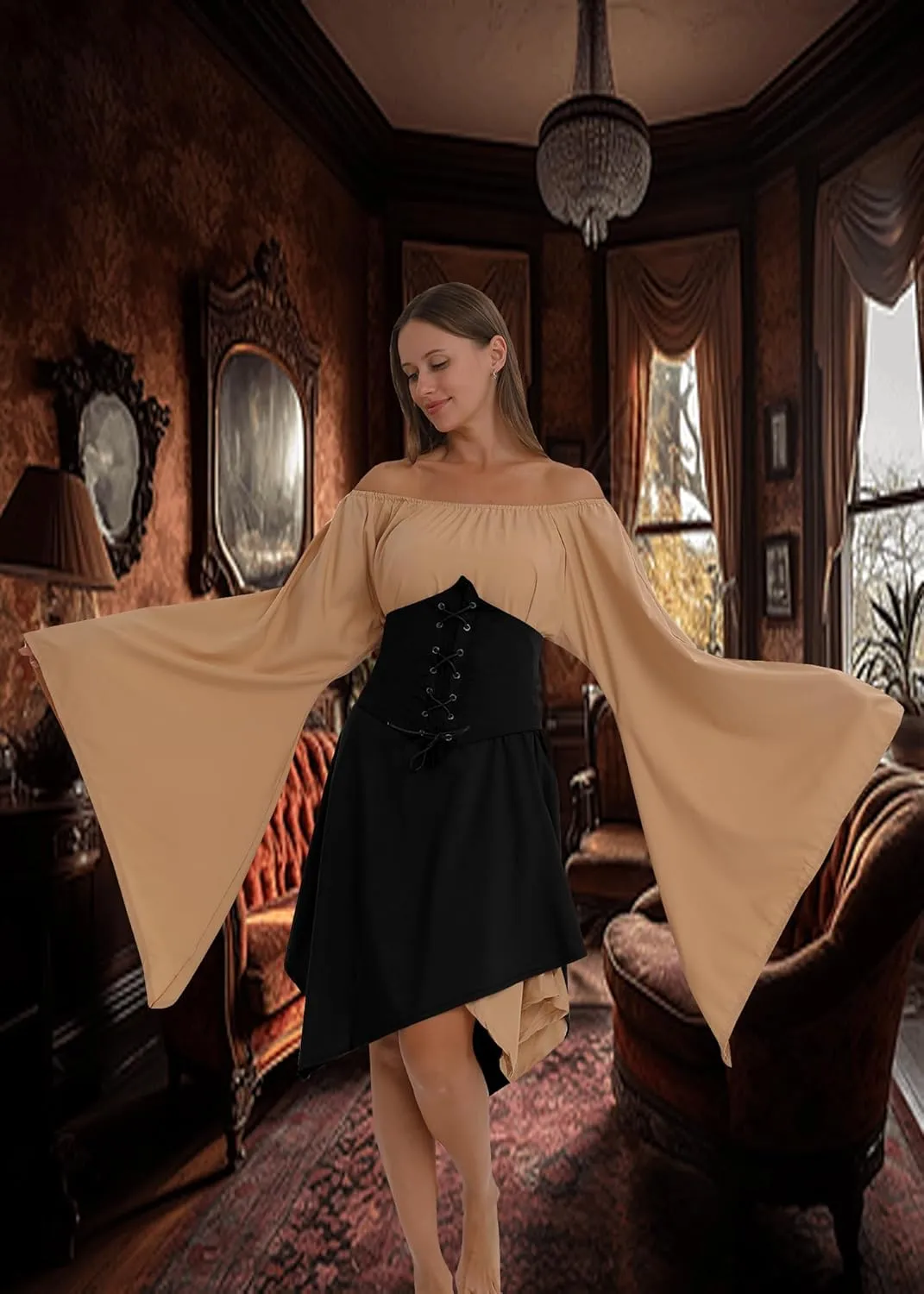 YEAXLUD Medieval Elven Traditional Irish Dress for Women Victorian Gothic Renaissance Corset Skirt