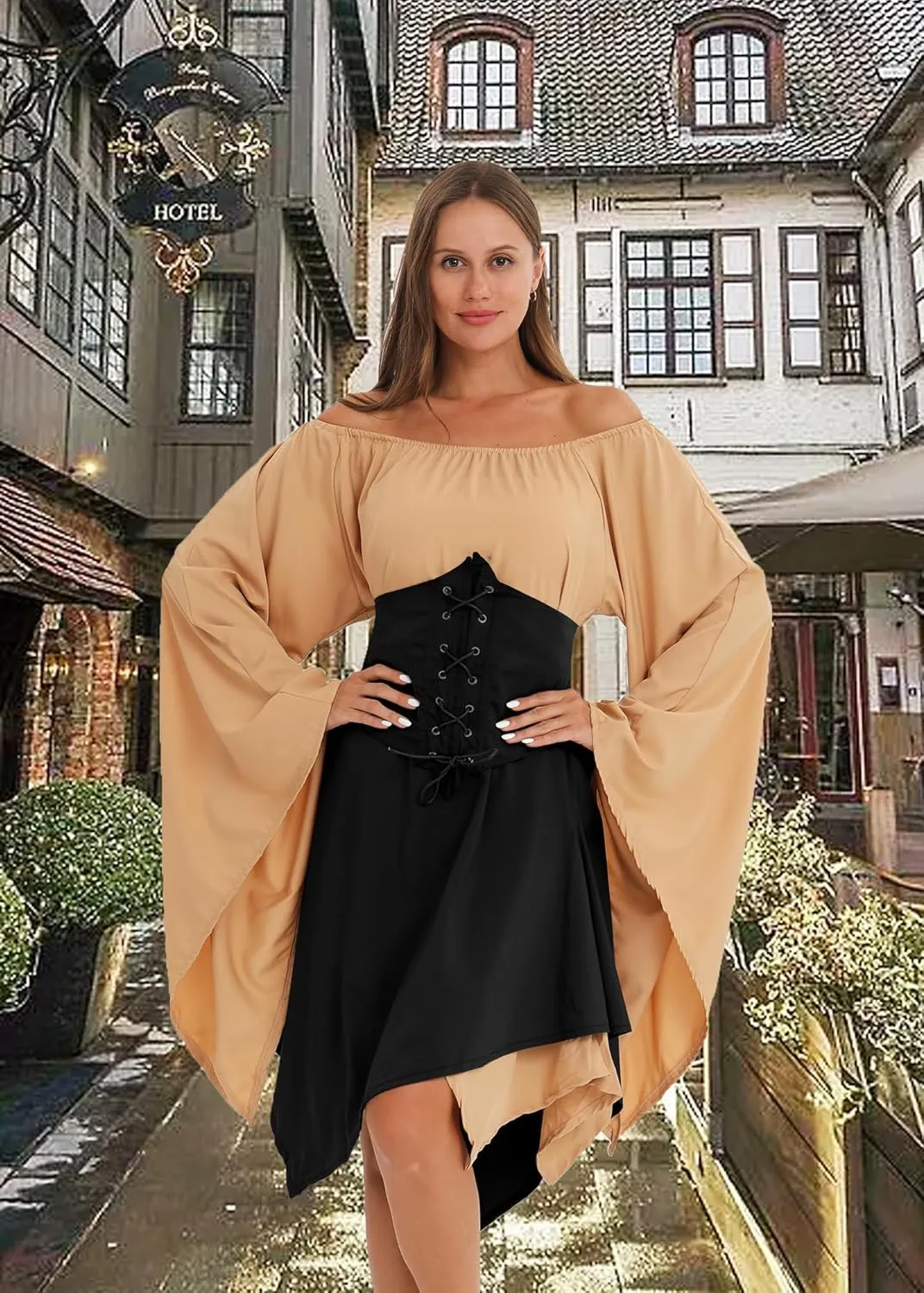 YEAXLUD Medieval Elven Traditional Irish Dress for Women Victorian Gothic Renaissance Corset Skirt