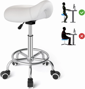 YEEZEE Saddle Stool Ergonomic- Comfortable Rolling Saddle Stool with Wide Thick Saddle Seat Padding, Swivel Adjustable Saddle Chair with Wheels and Ring Pedal for Medical Massage Salon (Classic White)