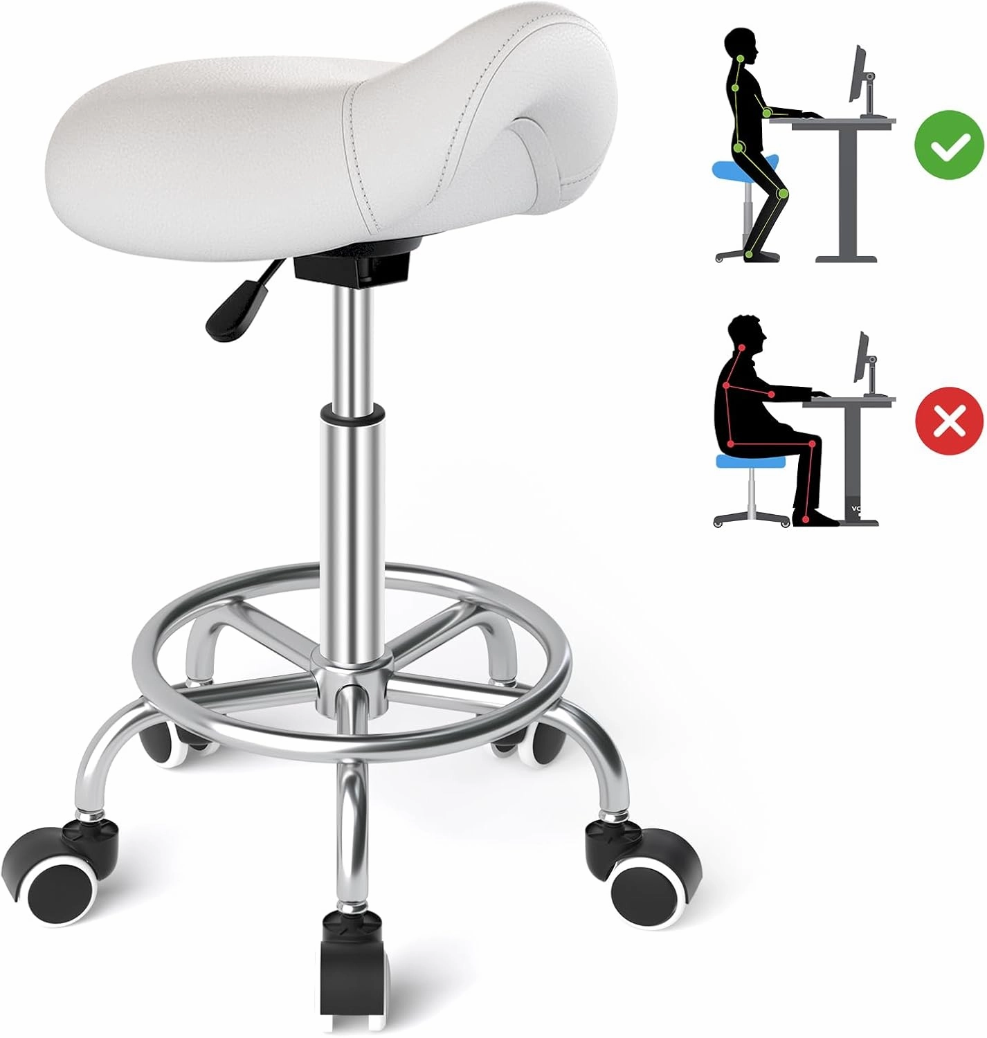 YEEZEE Saddle Stool Ergonomic- Comfortable Rolling Saddle Stool with Wide Thick Saddle Seat Padding, Swivel Adjustable Saddle Chair with Wheels and Ring Pedal for Medical Massage Salon (Classic White)