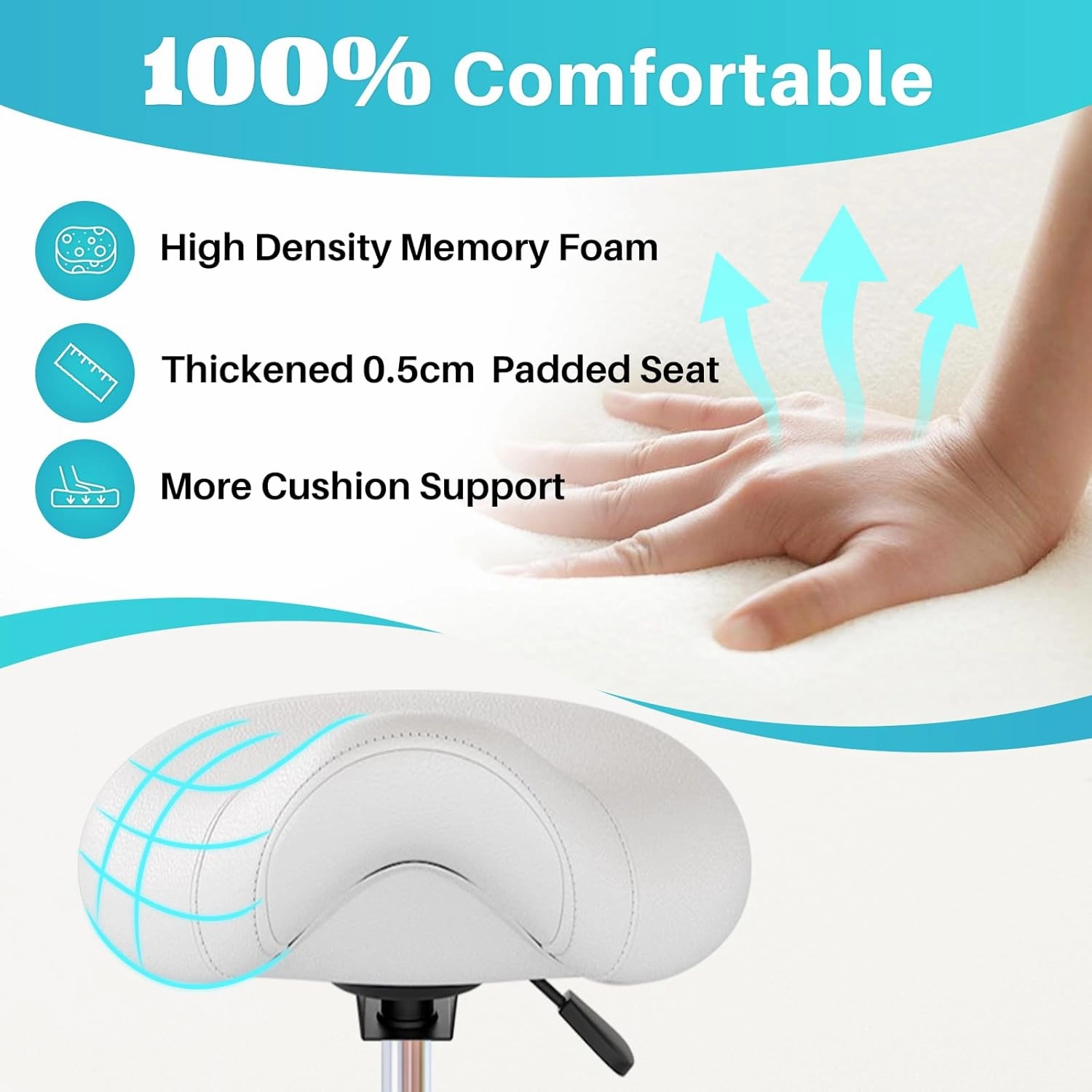 YEEZEE Saddle Stool Ergonomic- Comfortable Rolling Saddle Stool with Wide Thick Saddle Seat Padding, Swivel Adjustable Saddle Chair with Wheels and Ring Pedal for Medical Massage Salon (Classic White)