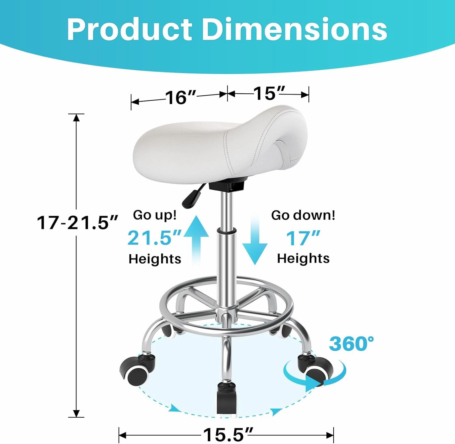 YEEZEE Saddle Stool Ergonomic- Comfortable Rolling Saddle Stool with Wide Thick Saddle Seat Padding, Swivel Adjustable Saddle Chair with Wheels and Ring Pedal for Medical Massage Salon (Classic White)