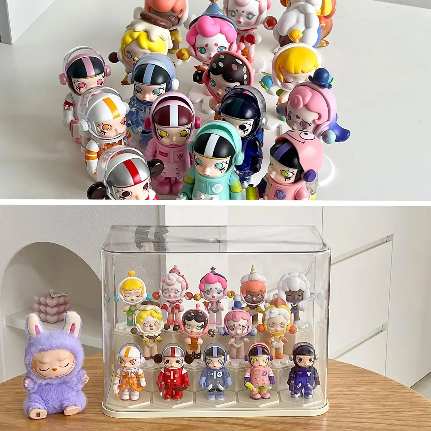 Yesesion Stackable Display Cases for Collectibles Under 8 inches Tall, Plastic Dust-Proof Showcase with 14pcs Cube for Model, Figures, Stone, Toys, Cars, Perfume Stand for Cabinet and Shelf, 2 Pack
