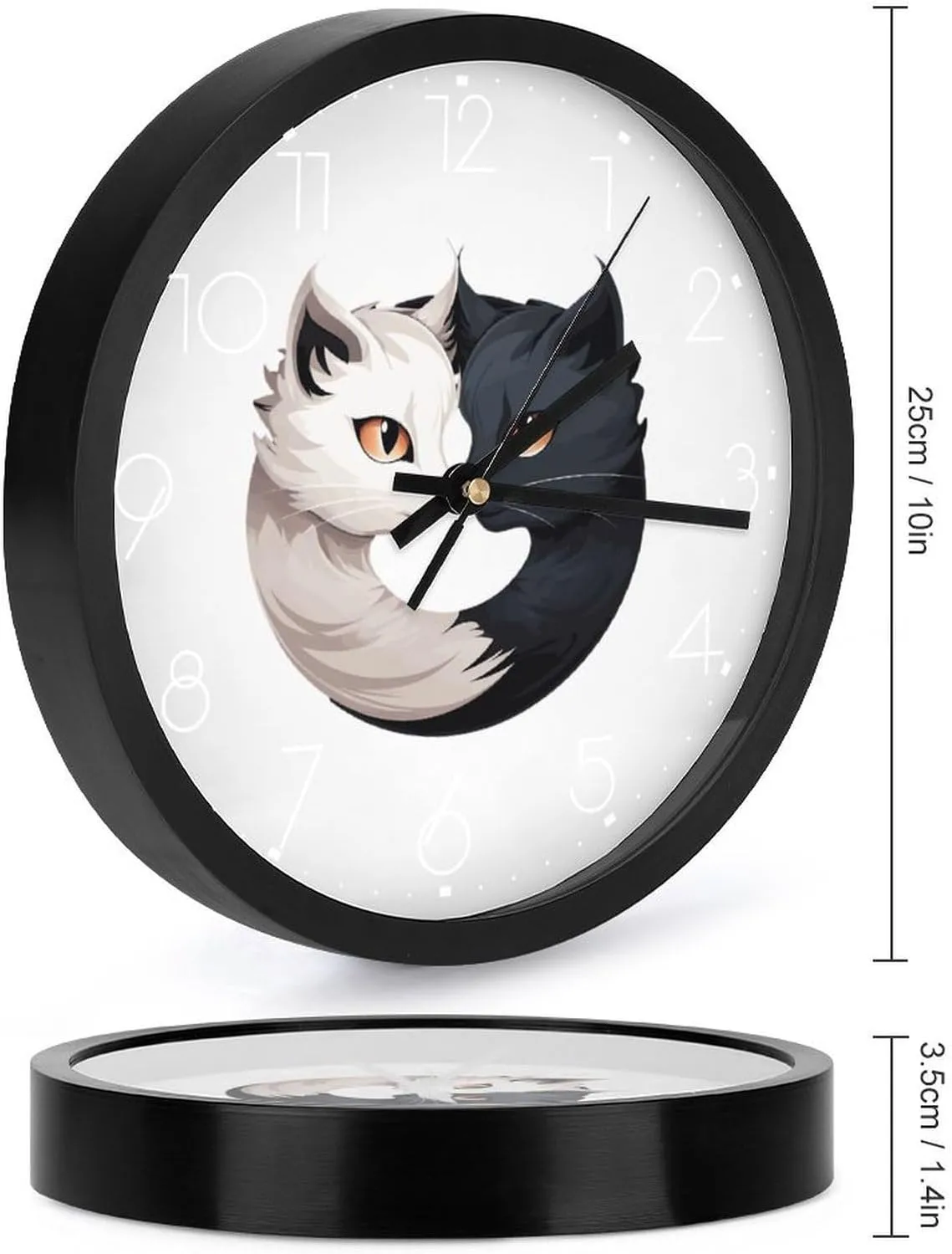 Yin and Yang Cats Funny Wall Clock 10 Inch Silent Non-ticking Battery Operated Decorative Clock for Kitchen Bedroom