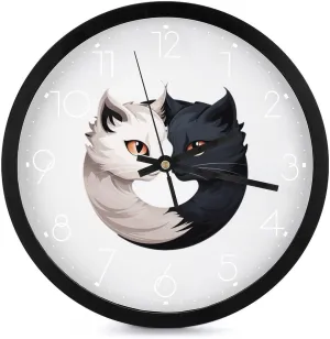 Yin and Yang Cats Funny Wall Clock 10 Inch Silent Non-ticking Battery Operated Decorative Clock for Kitchen Bedroom