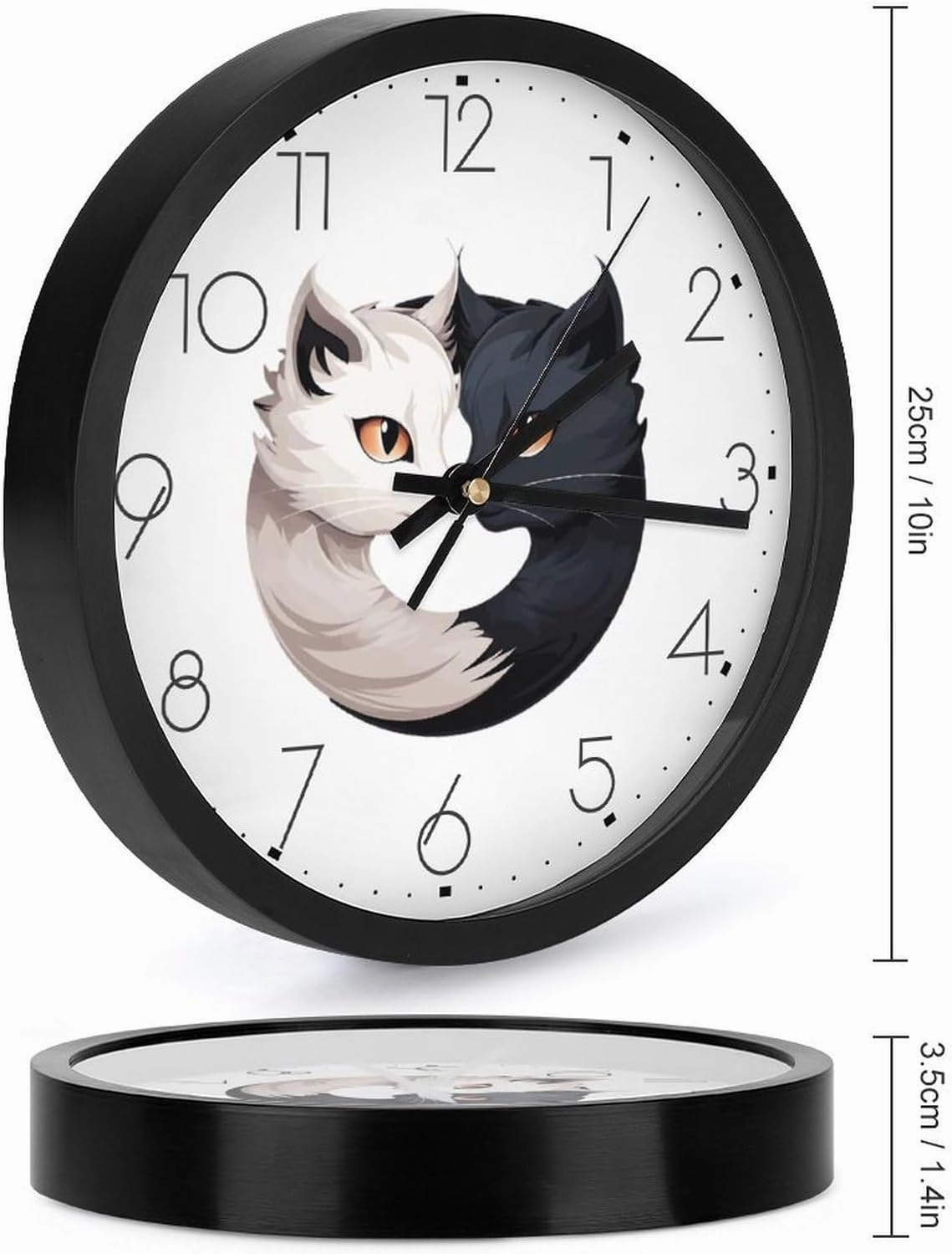Yin and Yang Cats Funny Wall Clock 10 Inch Silent Non-ticking Battery Operated Decorative Clock for Kitchen Bedroom