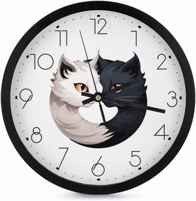 Yin and Yang Cats Funny Wall Clock 10 Inch Silent Non-ticking Battery Operated Decorative Clock for Kitchen Bedroom