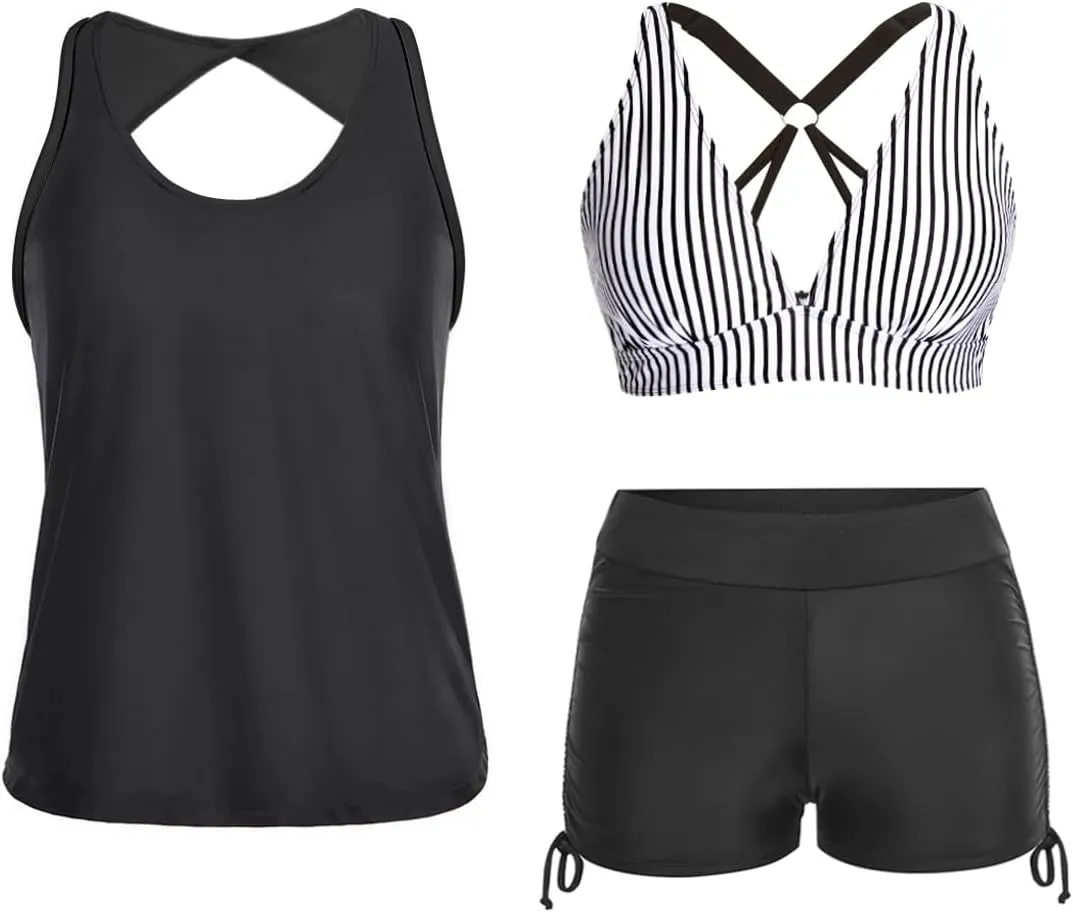 Yonique 3 Piece Tankini Swimsuits for Women Swim Tank Top Bathing Suits with Boy Shorts and Bra Athletic Swimwear
