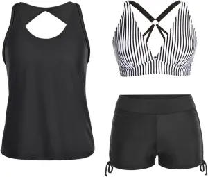 Yonique 3 Piece Tankini Swimsuits for Women Swim Tank Top Bathing Suits with Boy Shorts and Bra Athletic Swimwear