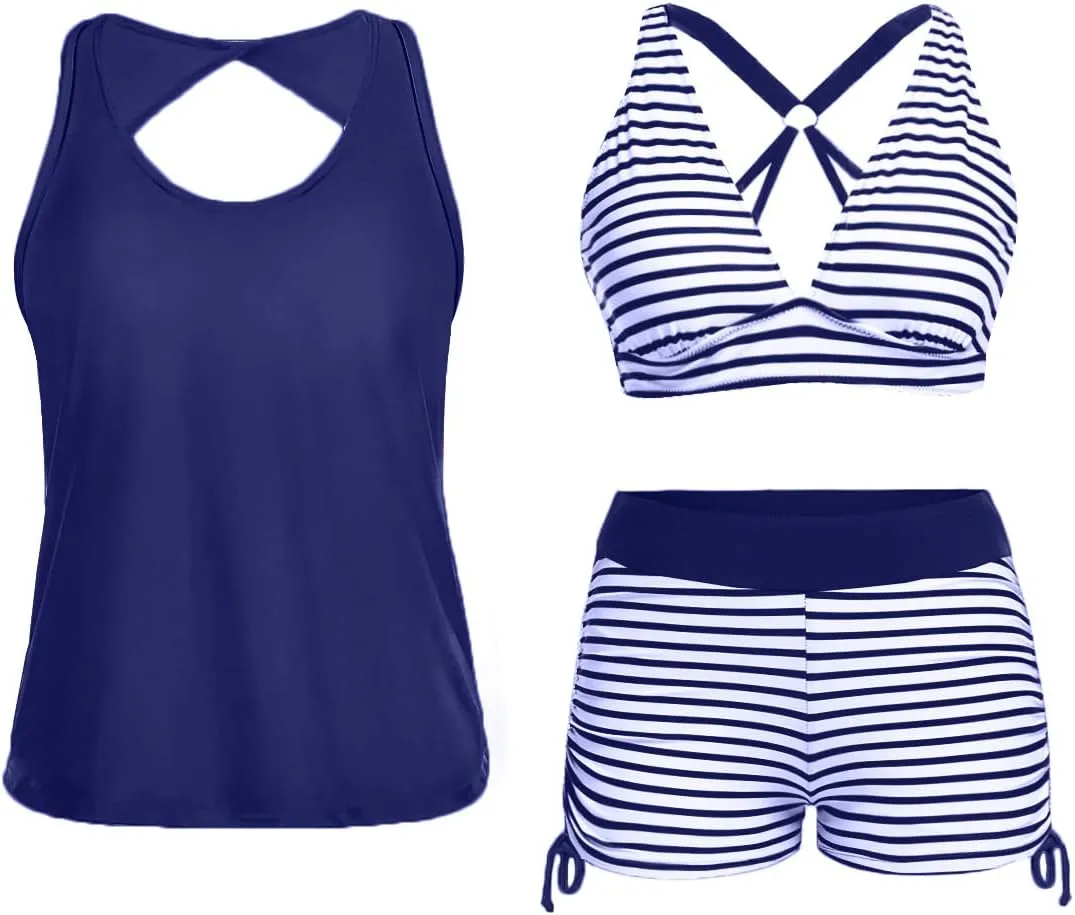 Yonique 3 Piece Tankini Swimsuits for Women Swim Tank Top Bathing Suits with Boy Shorts and Bra Athletic Swimwear