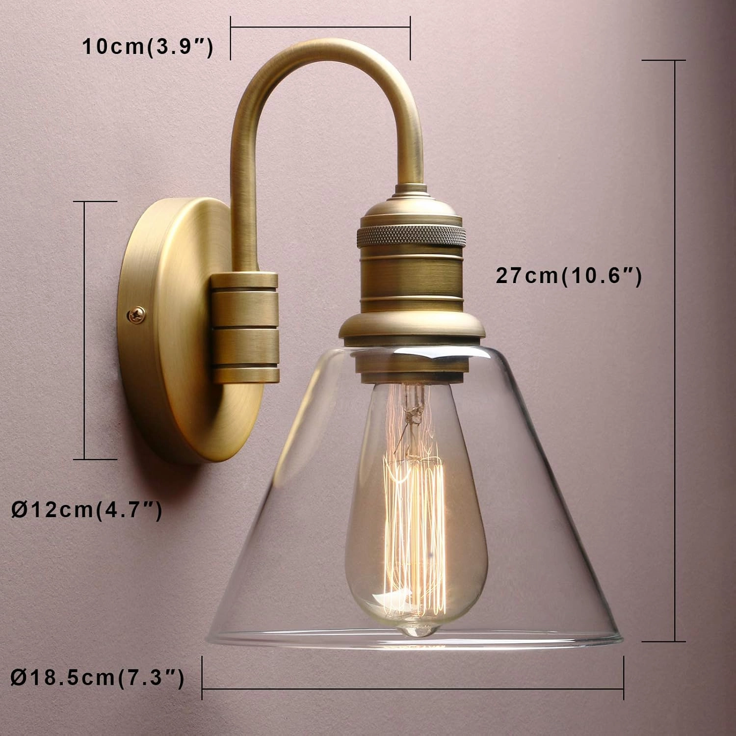 Yosoan 1-Light Brass Modern Vintage Indoor Wall Sconce, Vanity Single Luxury Hardwired Retro Textured Clear Funnel Flared Glass Shade with Industrial Gooseneck Curved Rod Bathroom Lamp(Antique)