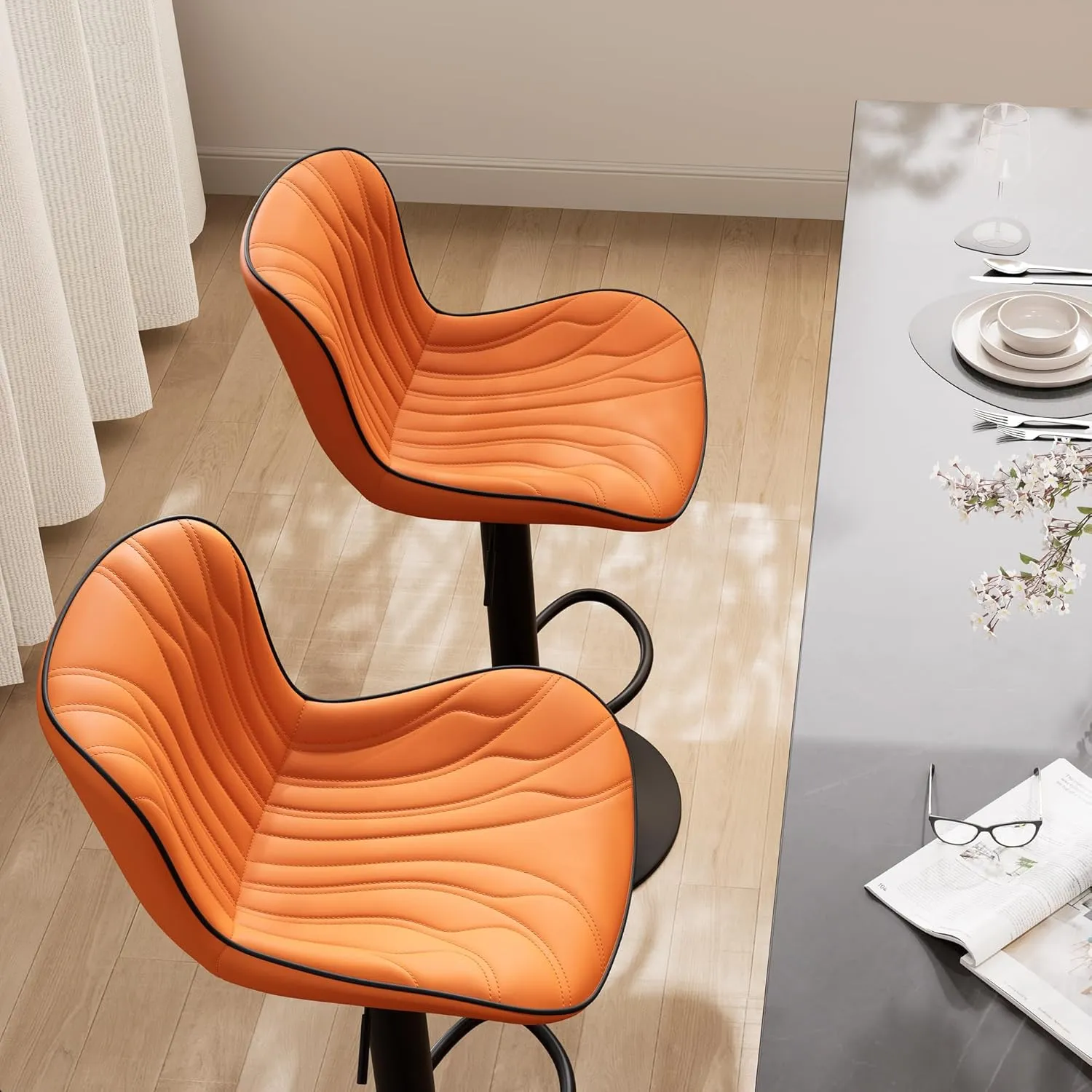 YOUNIKE Orange Bar Stools Set of 2 Faux Leather Upholstered Counter Height Barstools Swivel Modern Kitchen Bar Chairs with High Backs Adjustable Tall sillas para barra de cocina for Breakfast Island