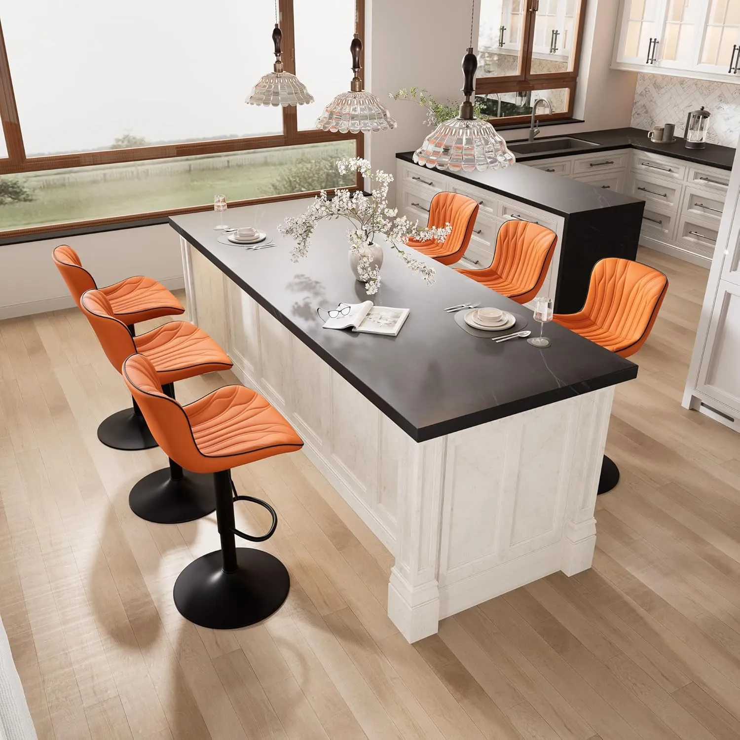 YOUNIKE Orange Bar Stools Set of 2 Faux Leather Upholstered Counter Height Barstools Swivel Modern Kitchen Bar Chairs with High Backs Adjustable Tall sillas para barra de cocina for Breakfast Island