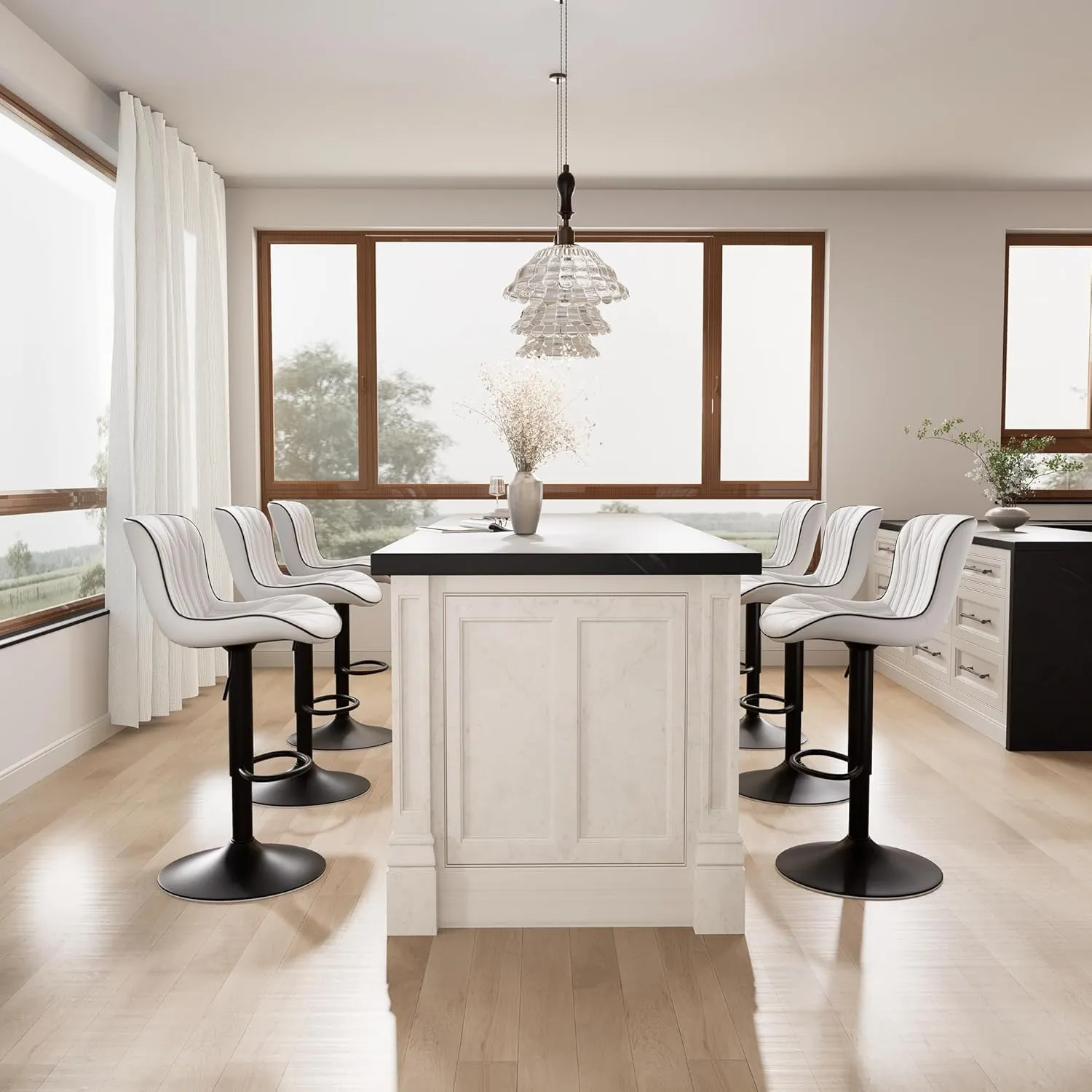 YOUNIKE White Bar Stools Set of 2 Modern Kitchen Counter Height Bar Chair with Back Swivel Adjustable Faux Leather Upholstered Barstools for Breakfast Island Tall 300LBS