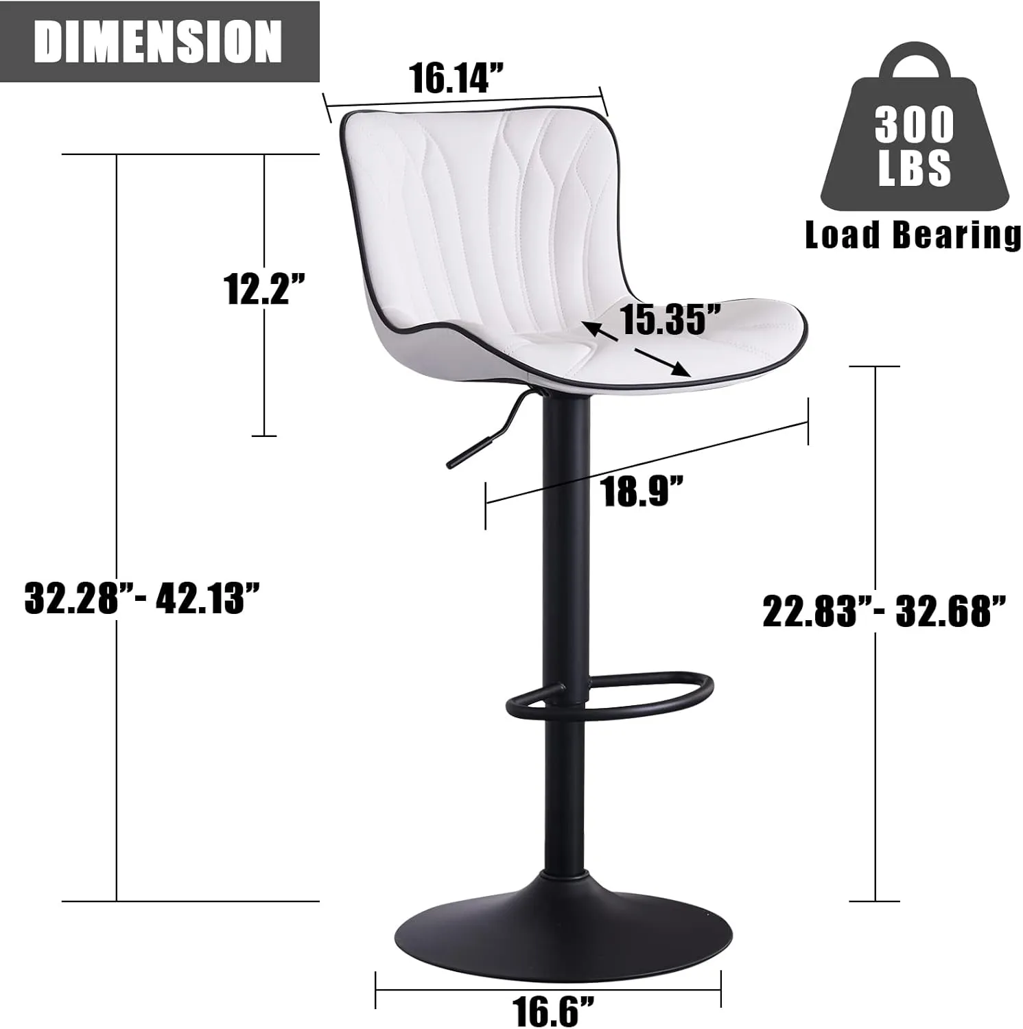 YOUNIKE White Bar Stools Set of 2 Modern Kitchen Counter Height Bar Chair with Back Swivel Adjustable Faux Leather Upholstered Barstools for Breakfast Island Tall 300LBS