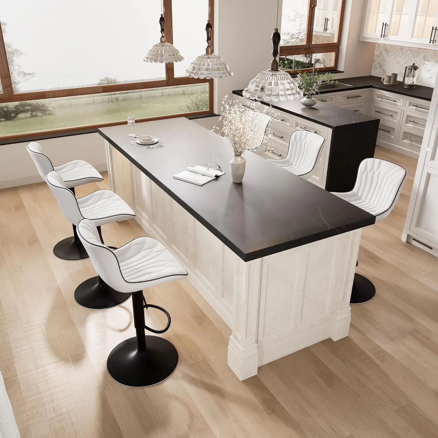YOUNIKE White Bar Stools Set of 2 Modern Kitchen Counter Height Bar Chair with Back Swivel Adjustable Faux Leather Upholstered Barstools for Breakfast Island Tall 300LBS