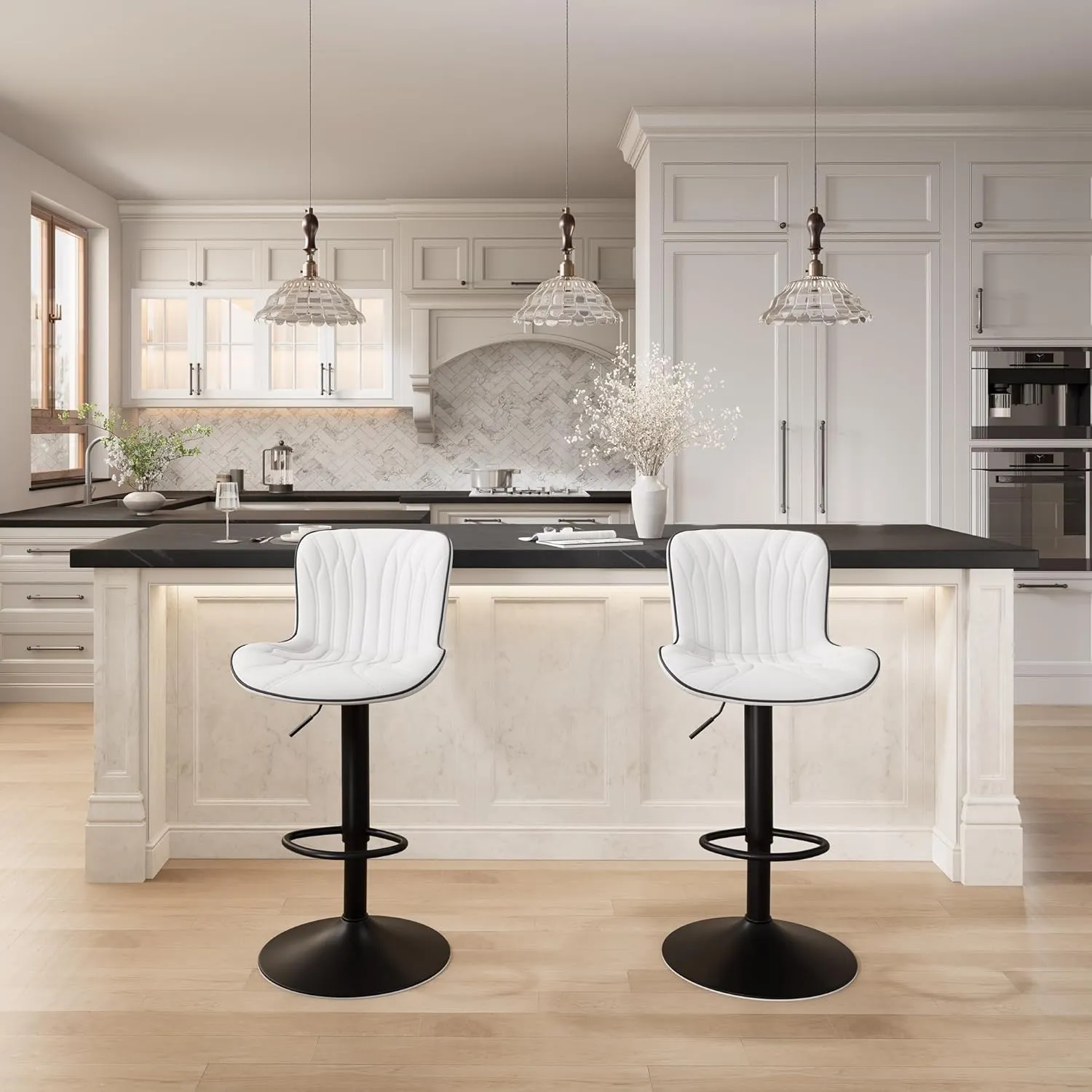YOUNIKE White Bar Stools Set of 2 Modern Kitchen Counter Height Bar Chair with Back Swivel Adjustable Faux Leather Upholstered Barstools for Breakfast Island Tall 300LBS
