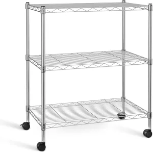 YSSOA 3-Tier Heavy Duty Storage Shelves 750Lb Capacity, 24.02" D x 13.78" W x 29.92" H Adjustable Shelving Unit with Wheels, Chrome