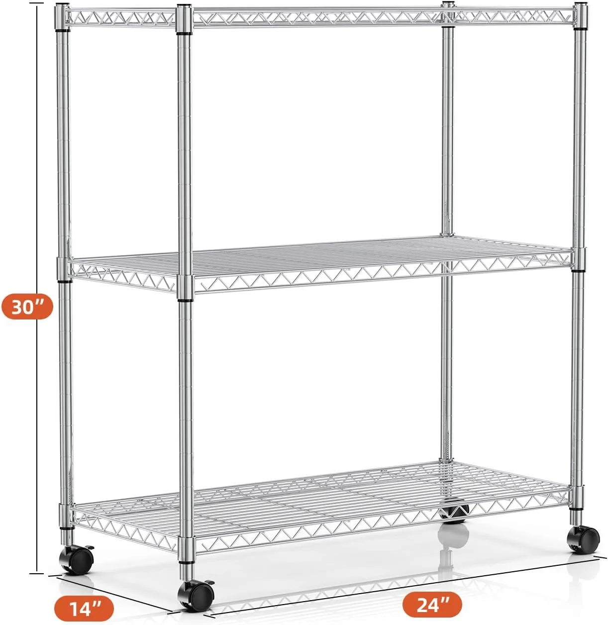 YSSOA 3-Tier Heavy Duty Storage Shelves 750Lb Capacity, 24.02" D x 13.78" W x 29.92" H Adjustable Shelving Unit with Wheels, Chrome