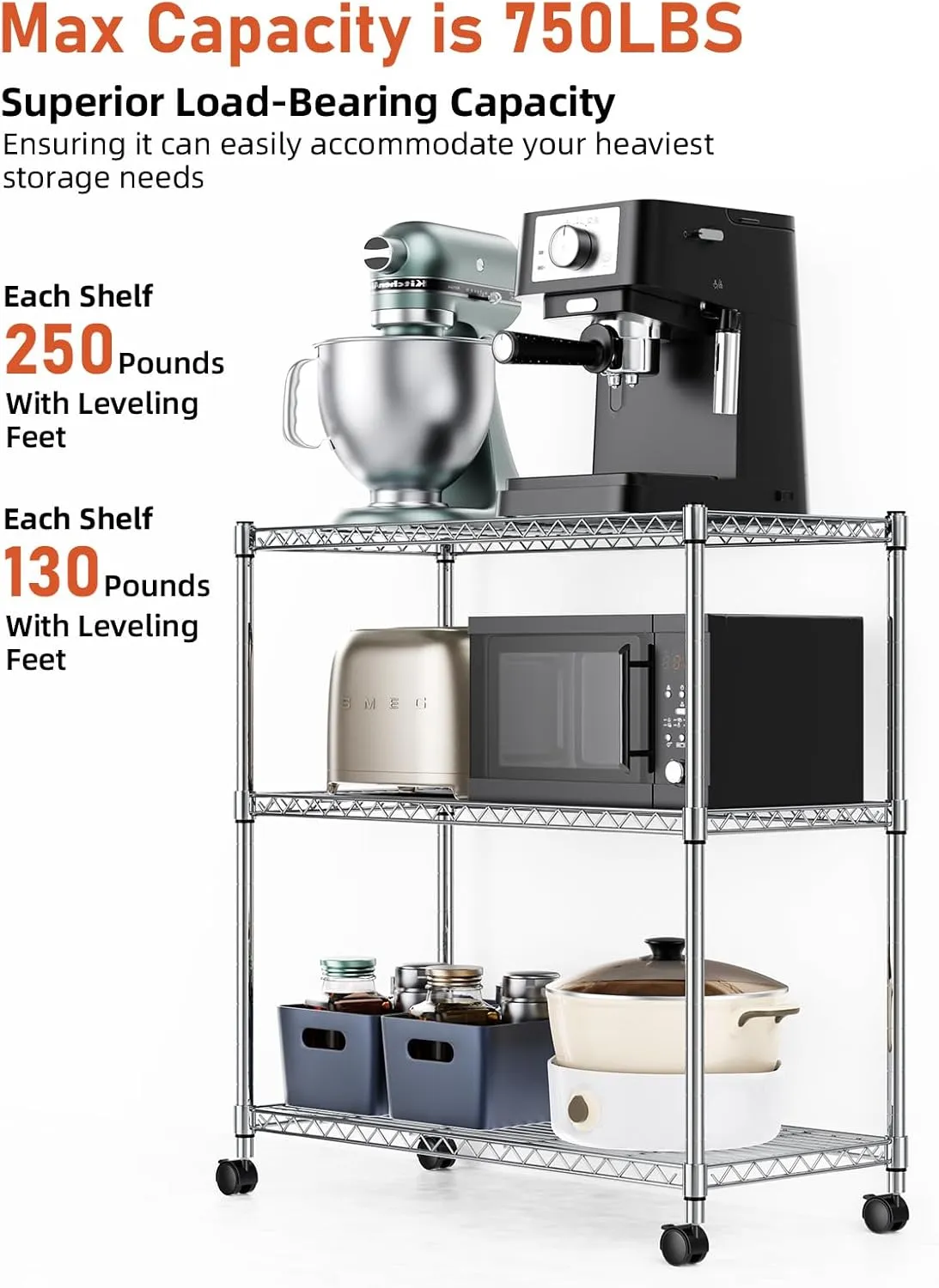 YSSOA 3-Tier Heavy Duty Storage Shelves 750Lb Capacity, 24.02" D x 13.78" W x 29.92" H Adjustable Shelving Unit with Wheels, Chrome
